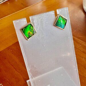 VTG Rare AMMOLITE Gemstone 14K Gold Stud Earrings, Vintage Exotic Gemstone